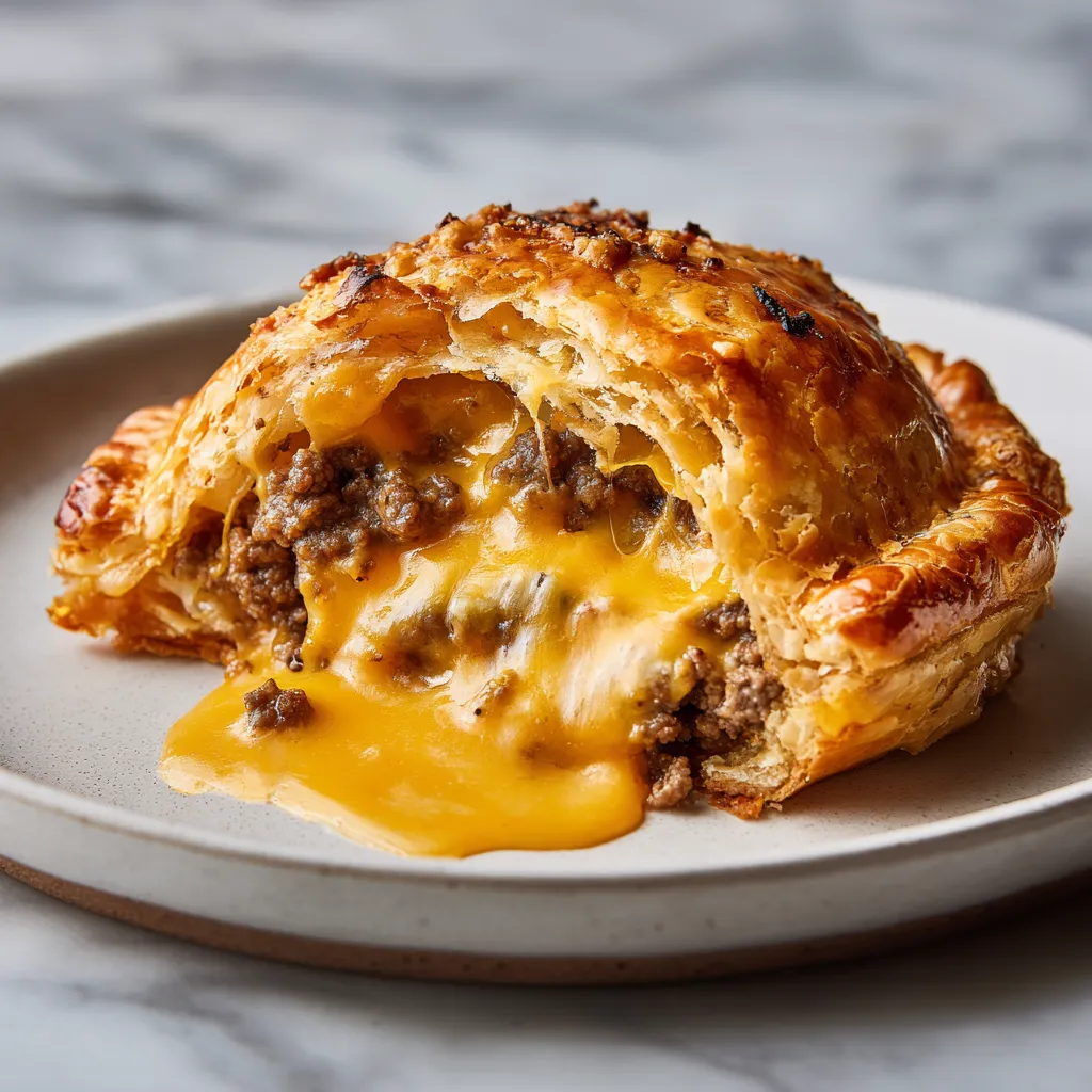 Crispy Flaky Puff Pastry Cheeseburger Pockets with Melted Cheddar and Seasoned Ground Beef - secondary view